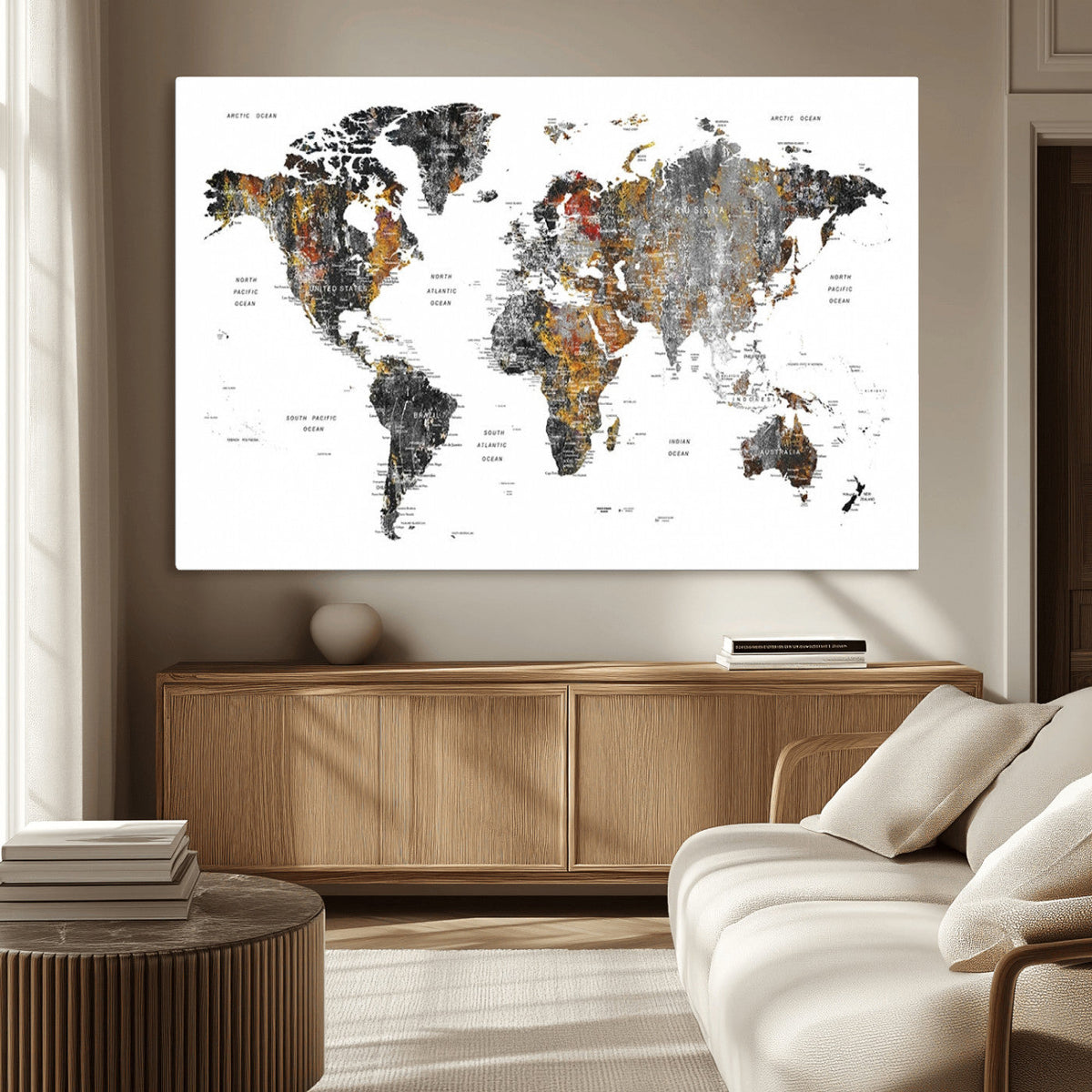 Modern Metallic World Map Canvas Wall Art | Framed Contemporary World Map Print
