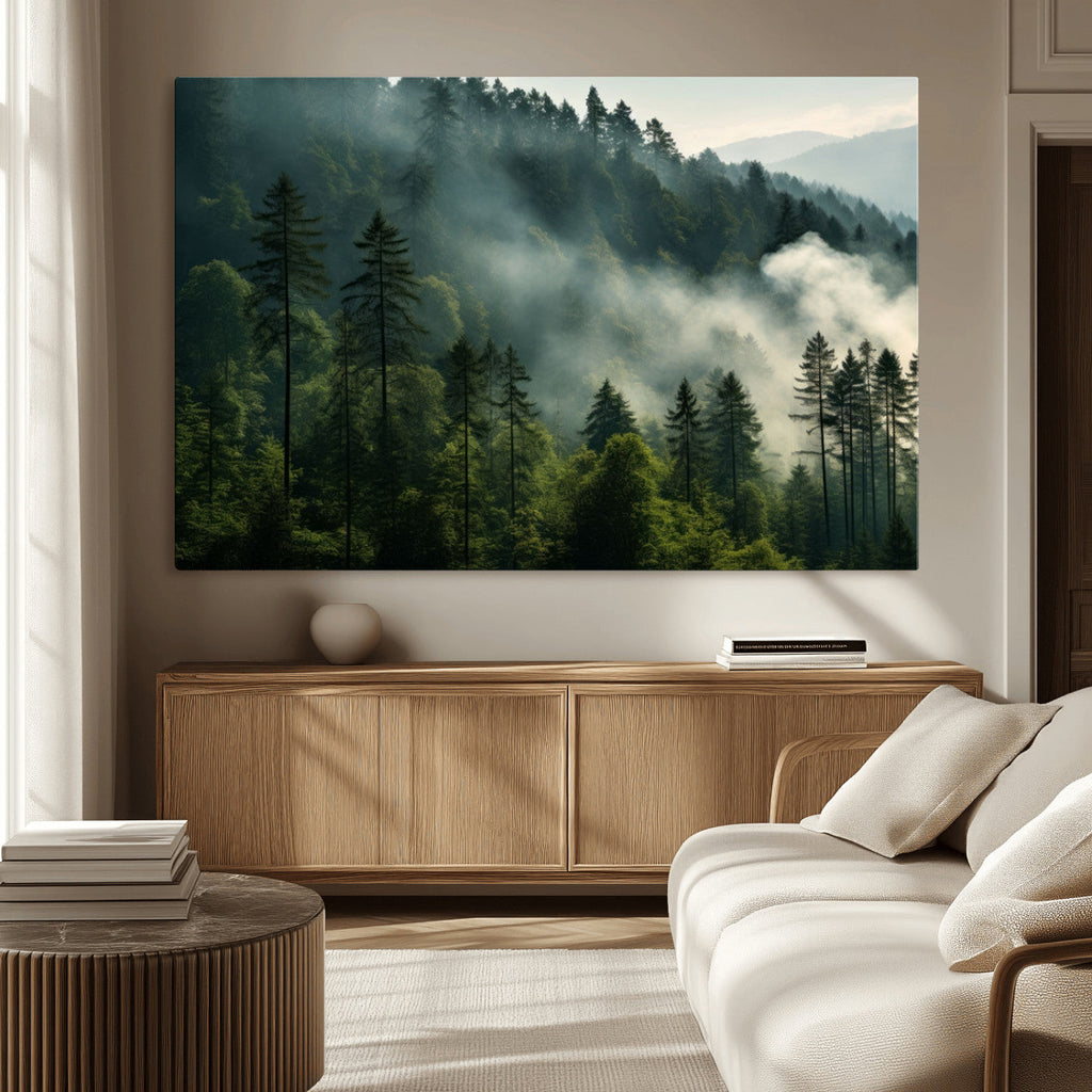 Misty Forest Wall Art Premium Canvas Print, Foggy and Serene Atmosphere