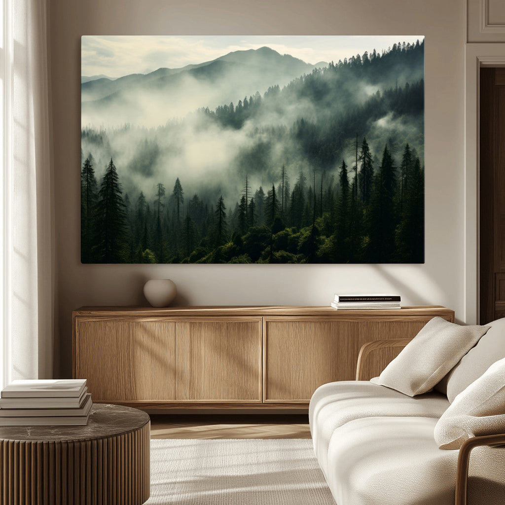 Captivating Misty Forest Wall Art Premium Canvas Print, A Foggy and Serene Atmosphere