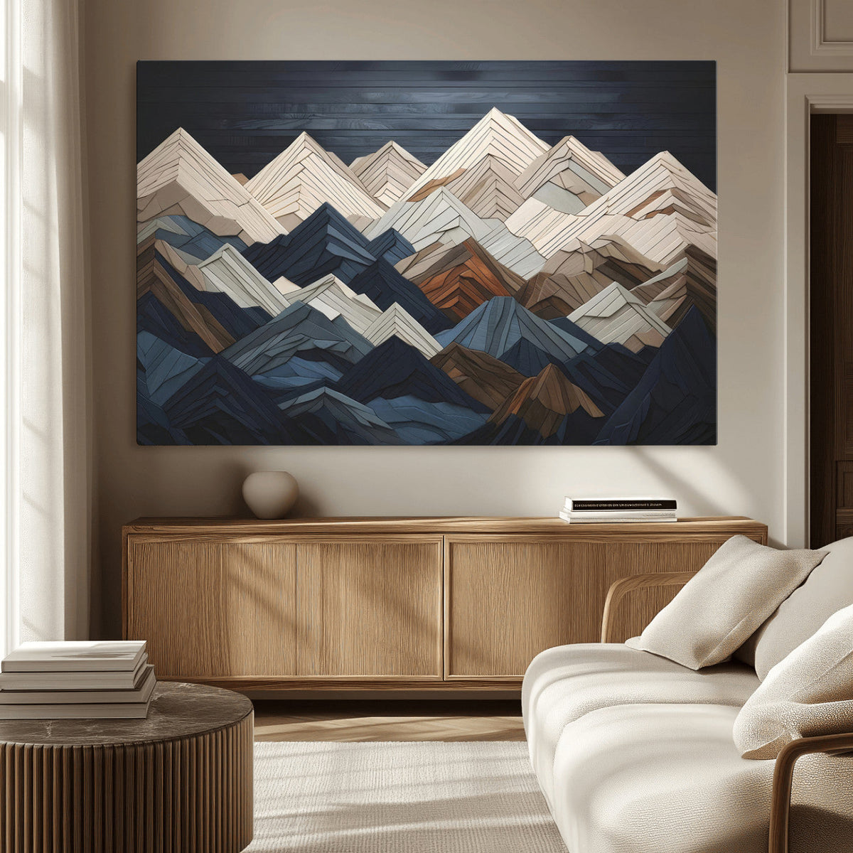 Rustic Mountain Landscape Wall Art Canvas Print, Framed 3D Wooden Effect Mountain Art