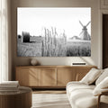 Vintage Farmhouse Black and White Triptych Wall Art, Giclee Canvas with Wheat Fields, Hay Bales and Windmill