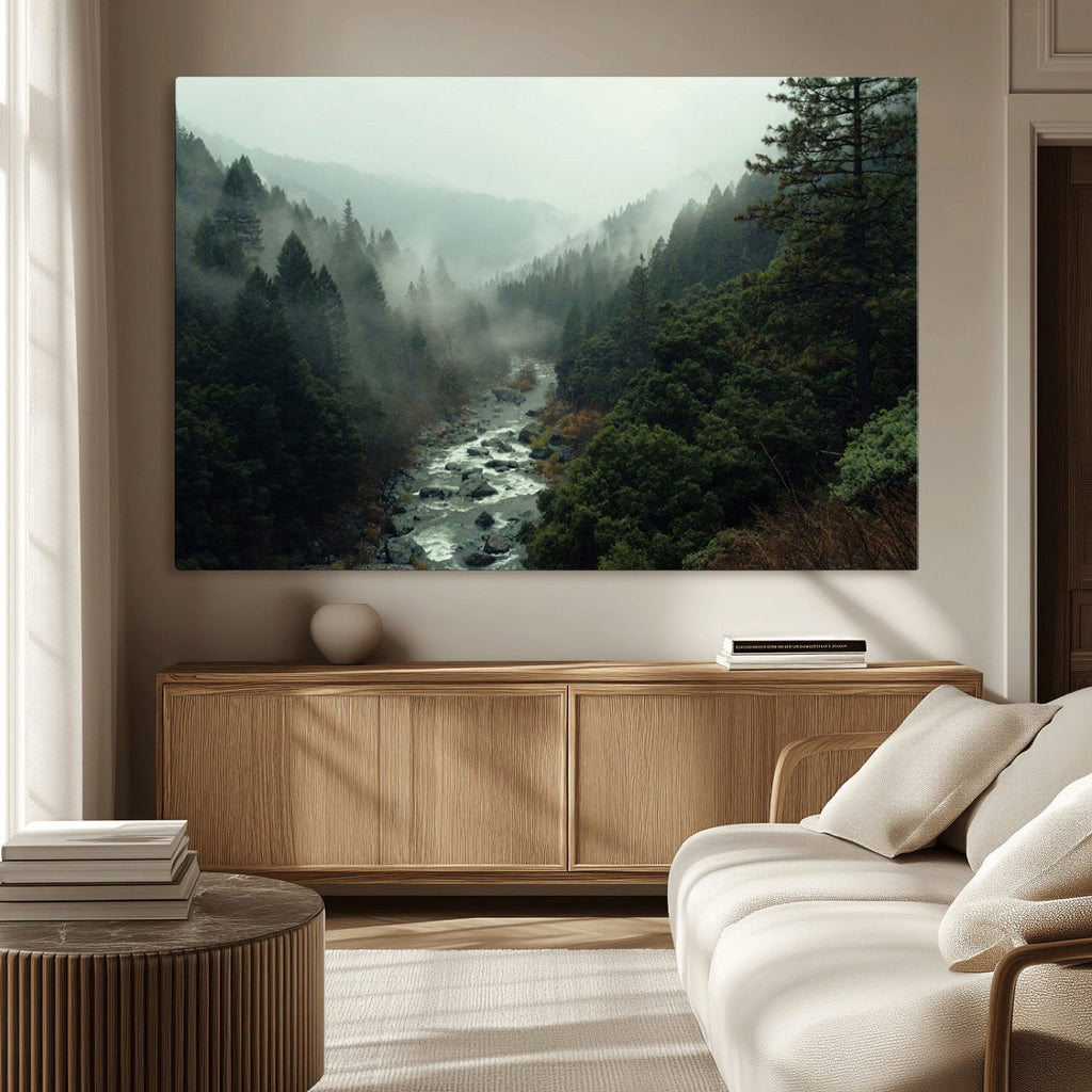 Misty Forest Wall Art, Tranquil Nature Landscape, Ready to Hang | Extra Large 3 Piece Canvas Wall Art
