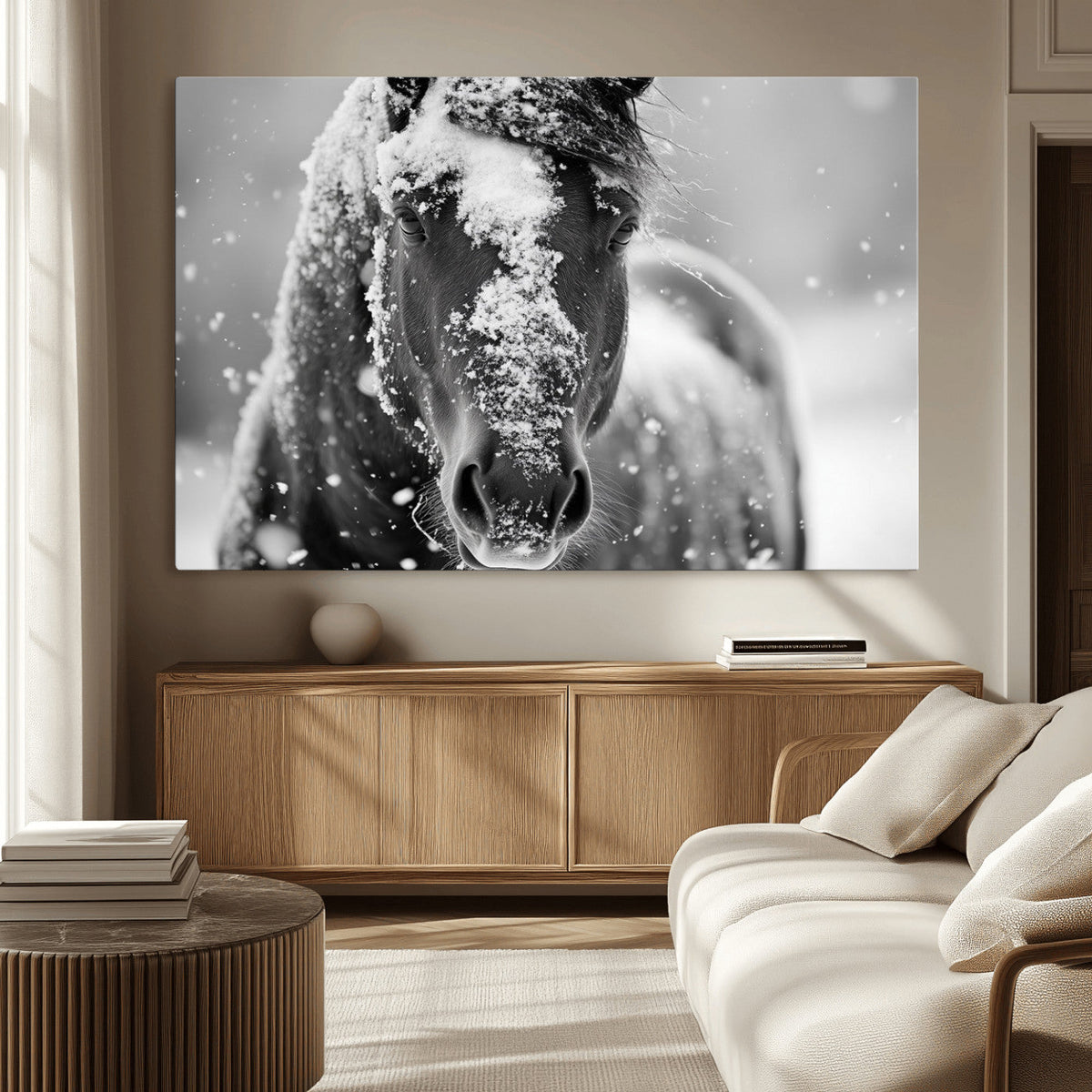 Black and White Horse Winter Wall Art, Ready to Hang
