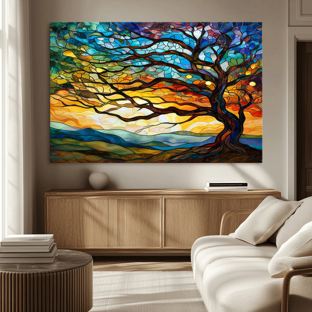 Vibrant Mosaic Tree of Life Wall Art, Stained Glass Style Canvas Print