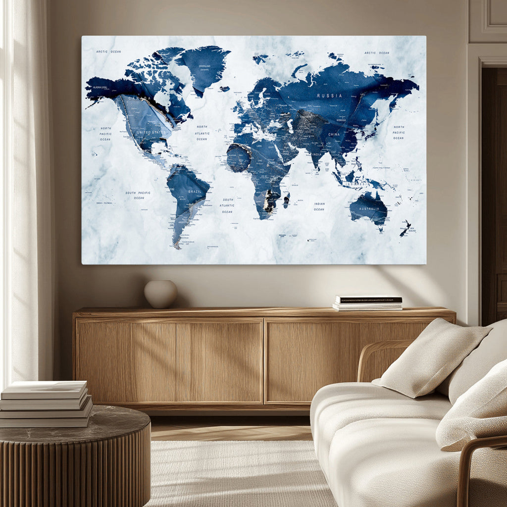 Modern Blue World Map Canvas Print | Elegant Travel Map Wall Art for Home Office