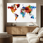 Colorful World Map Canvas Wall Art Print, Contemporary Global Map Artwork