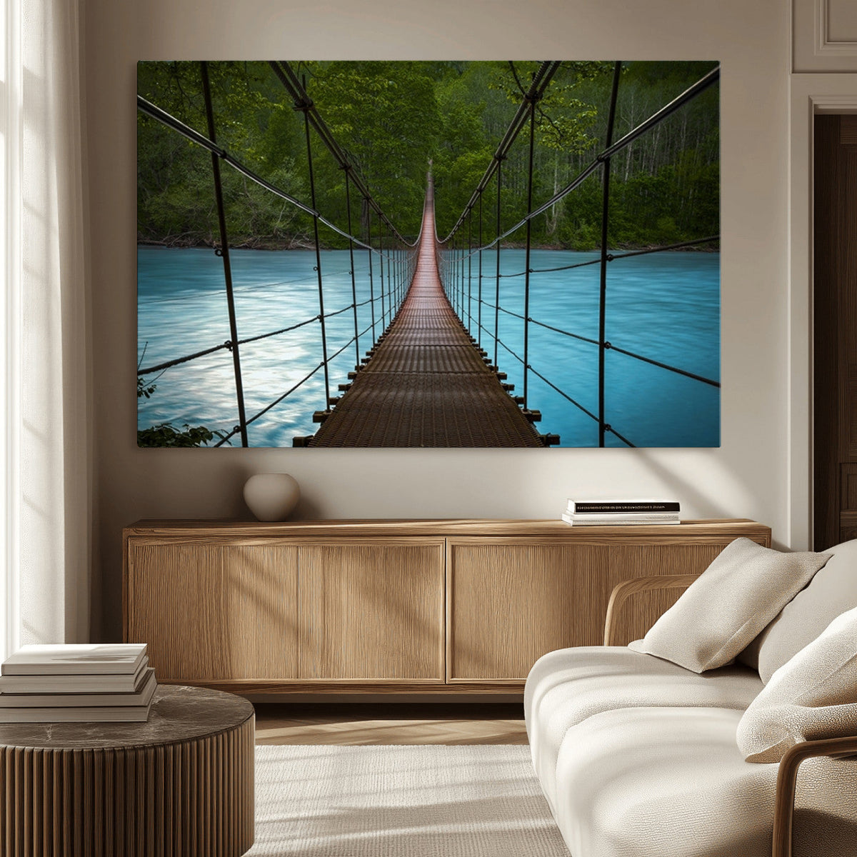 Suspension Bridge Over River Canvas Art | 3-Panel Nature Wall Art