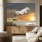 Large Wall Art Canvas Print, White Jumping Horse at Sunset