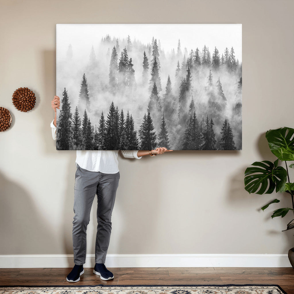 Forest Wall Art Print | Foggy Pine Forest Canvas Wall Art, Black and White Nature Decor