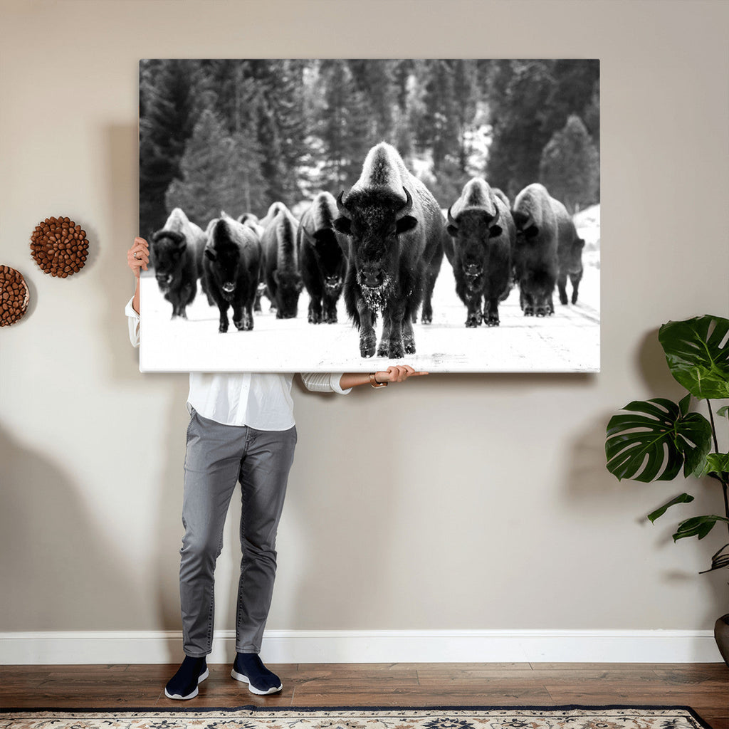 Bison Herd in Snow Wall Art Canvas Print | Rustic Western Bison Wall Art for Living Room and Farmhouse Decor