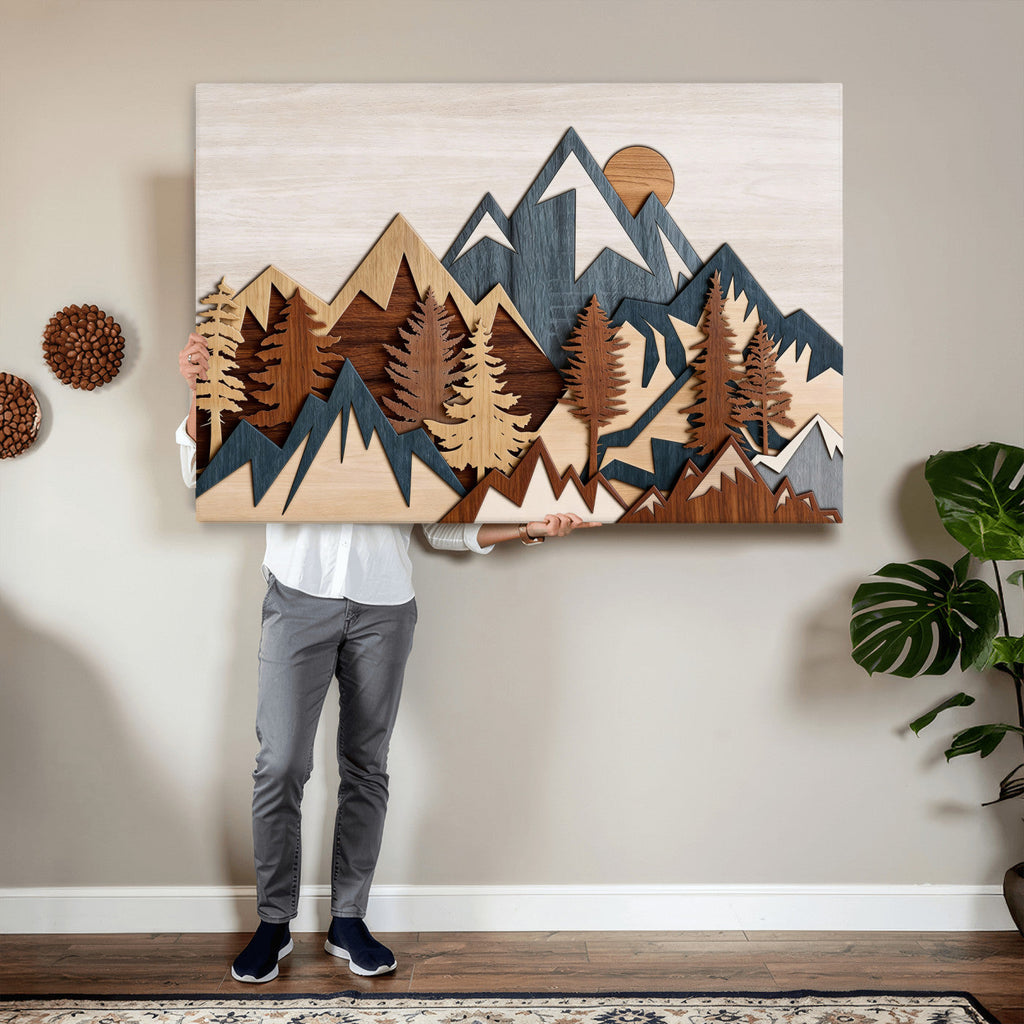 Rustic Abstract Wood Panel Effect Canvas | Mountain Range Top Wood Wall Art Canvas Print