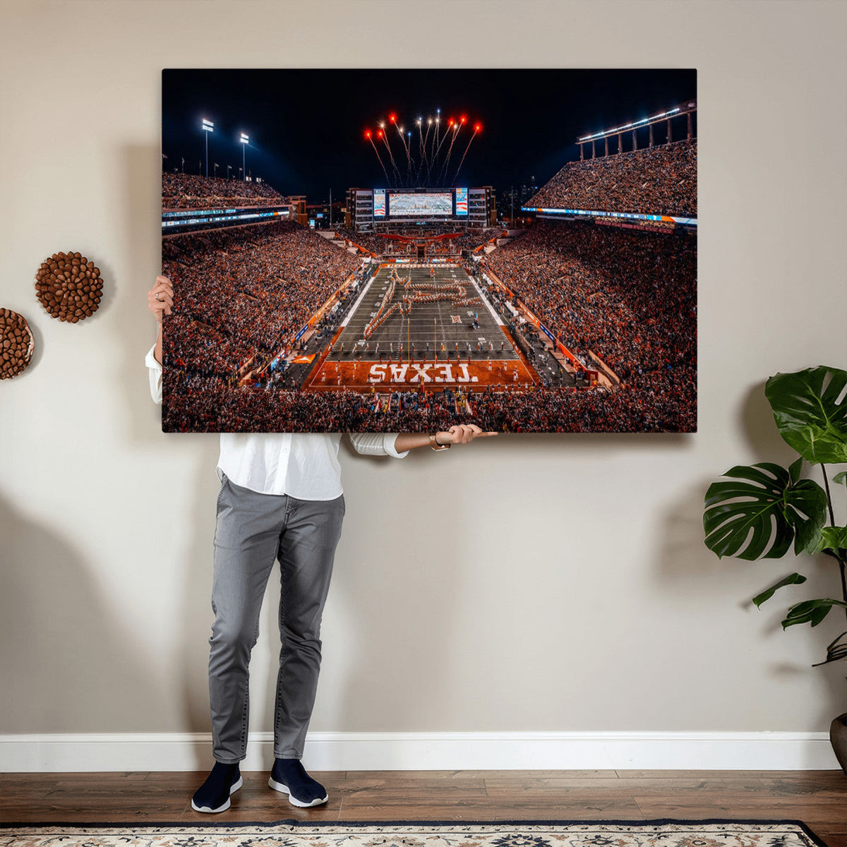 Texas Stadium Night Game Wall Art Canvas Print, Vibrant Football Fireworks Scene
