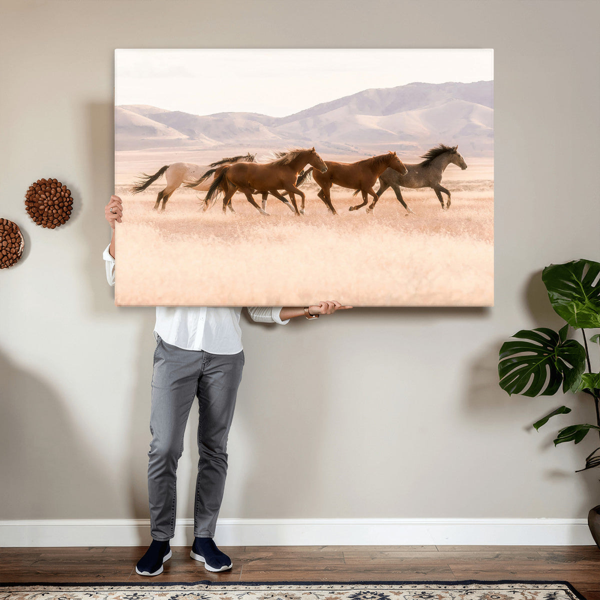 Wild Horse Wall Art Canvas Print, Framed Rustic Western Art, Desert Horse Scene