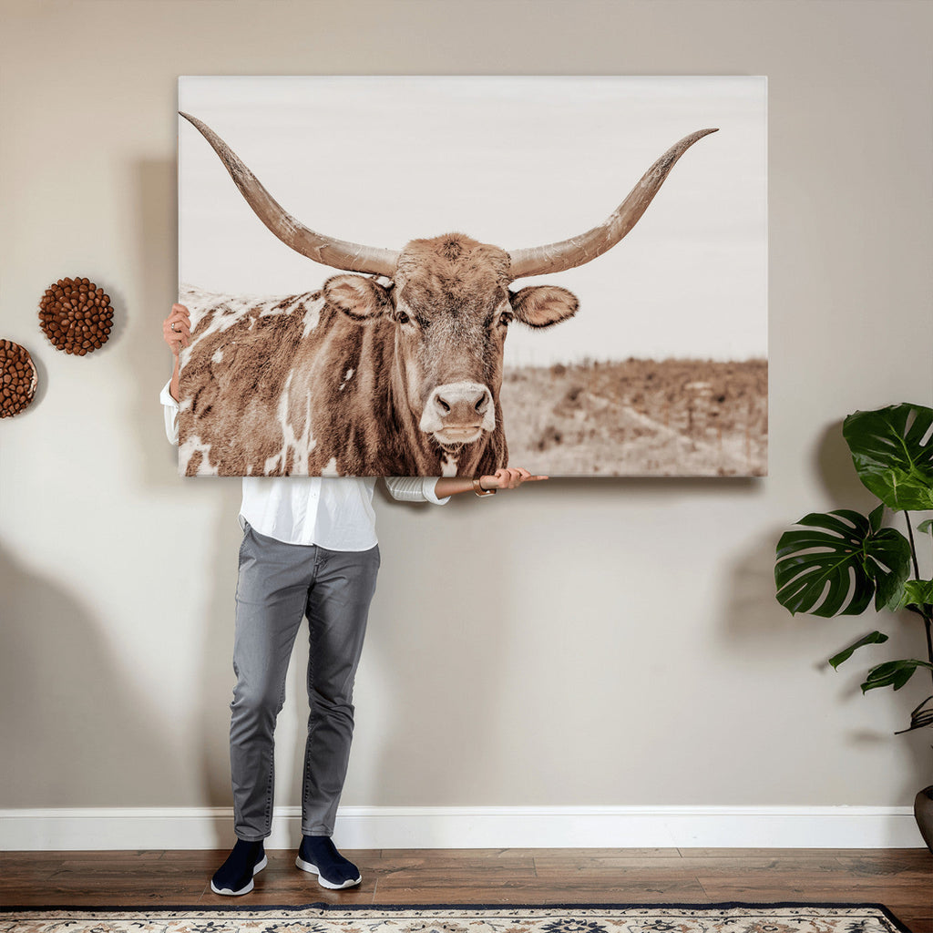 Longhorn Cow Wall Art Canvas Print, Framed Texas Ranch Print, Western Bull Art, Cowboy Decor