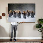 Bison Herd Wall Art Canvas Print, Framed Rustic Wildlife Decor, Snowy Bison Landscape