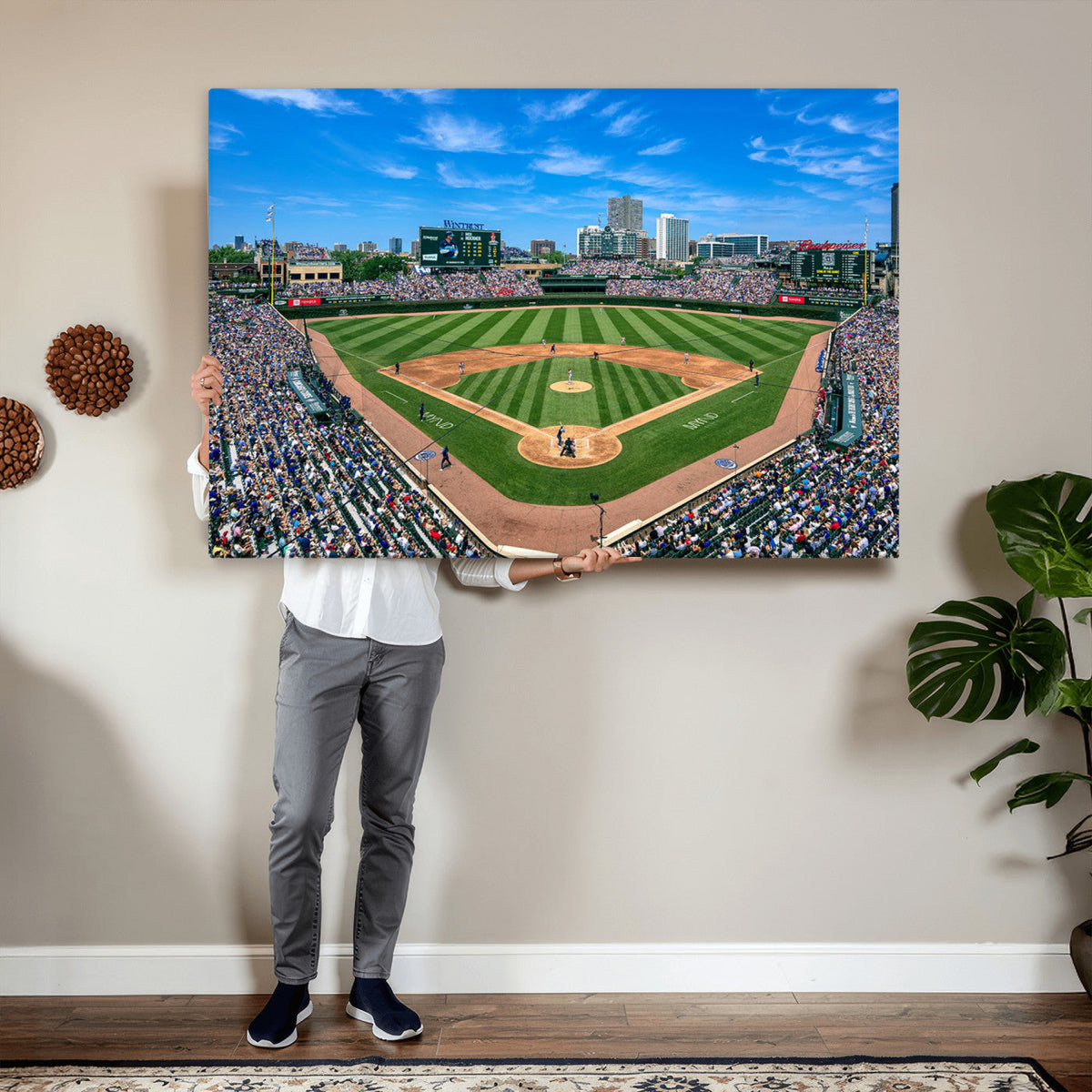 Wrigley Field Baseball Stadium Canvas Wall Art, Packed Crowd and Chicago Skyline