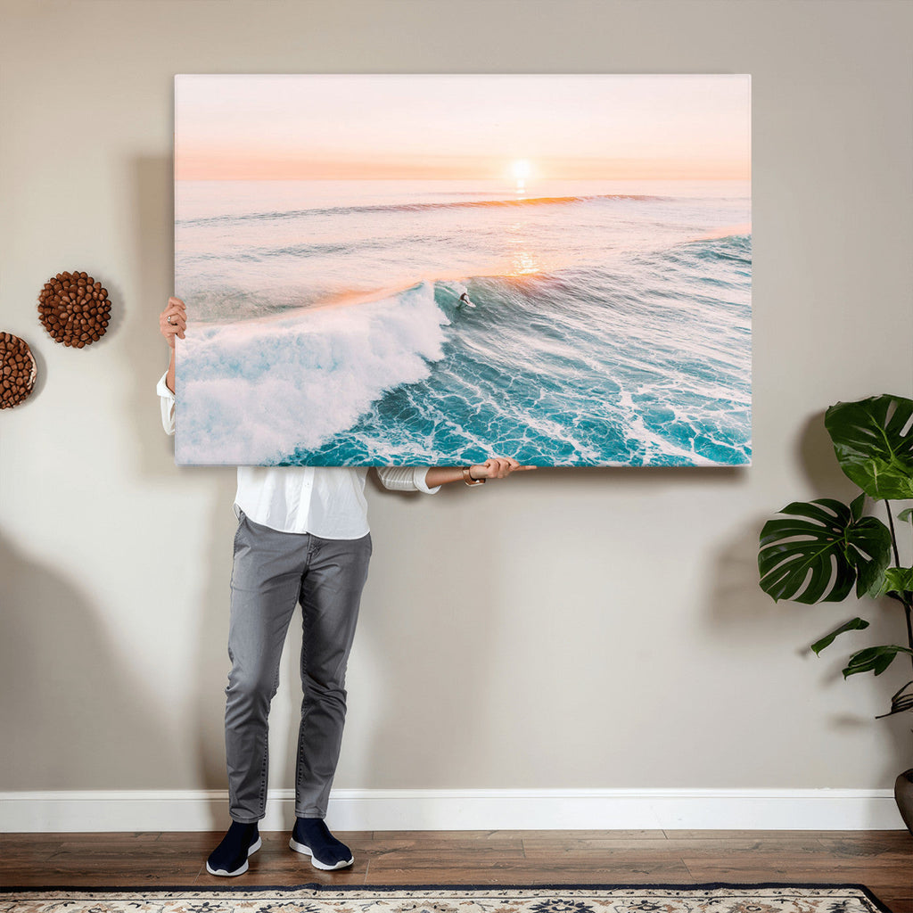 Sunset Surfing Wall Art Canvas Print, Ocean Wave Surfer with Golden Sky