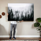 Foggy Forest Wall Art Canvas Print, Mountain Woodland Landscape, Minimal Nature Decor