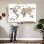 Custom Beige Push Pin World Map Wall Art, Bucket List Map, Study and Hallway Decor
