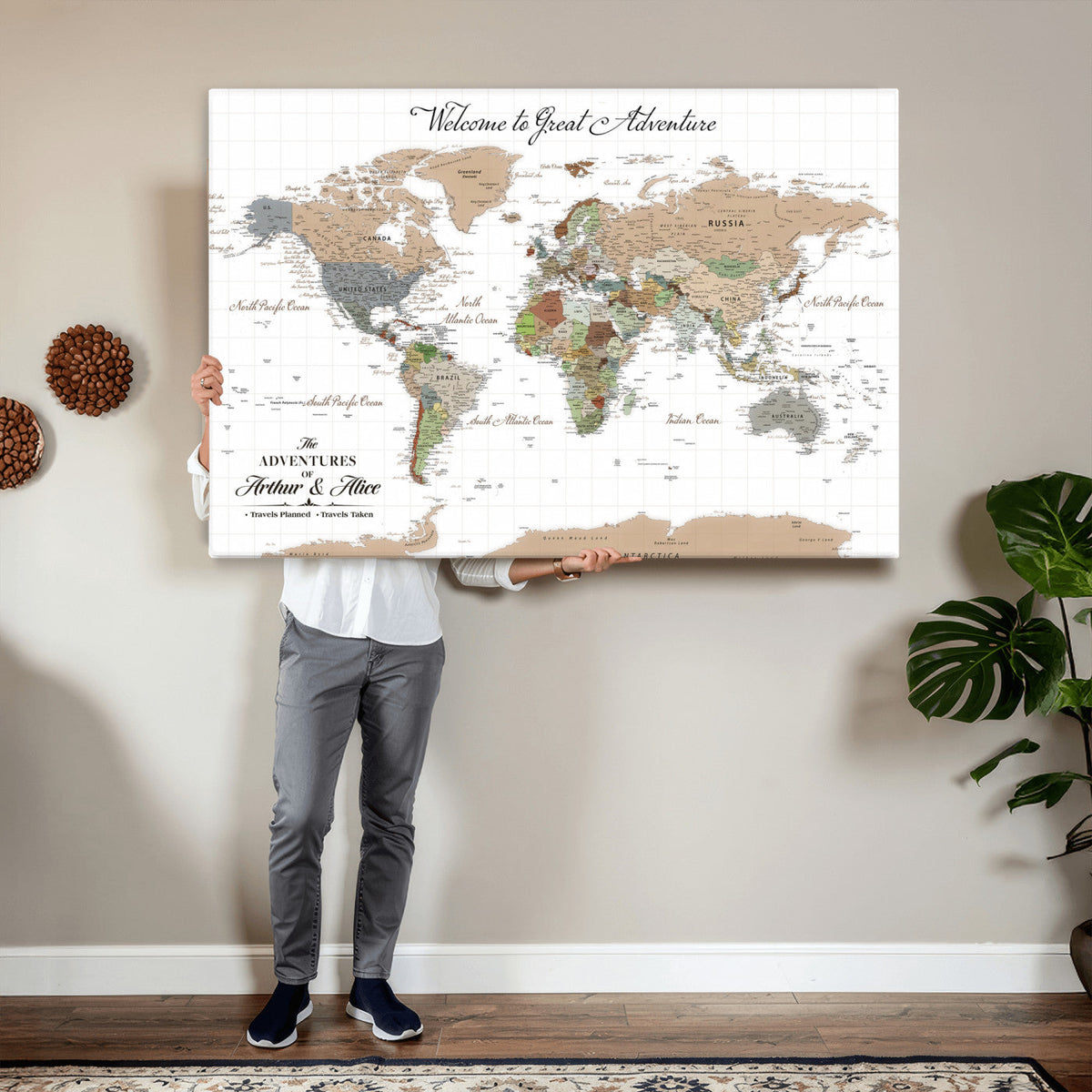 Custom Beige Push Pin World Map Wall Art, Bucket List Map, Study and Hallway Decor