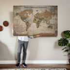 Personalized Beige Geometric World Map Canvas with Push Pins, Next Trip Planner Map, Study and Entryway Decor