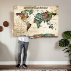 Personalized Beige Grunge World Map Canvas with Push Pins, Next Trip Planner Map, Family Room and Home Office Decor