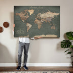 Personalized Framed Beige Modern World Map Canvas with Push Pins, Bucket List Map, Family Room and Dining Room Decor