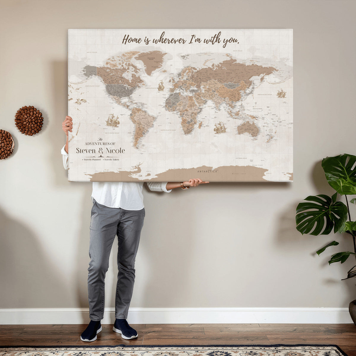 Personalized Beige Geometric Push Pin World Map Canvas Print, Countries Visited Map, Study and Home Office Decor