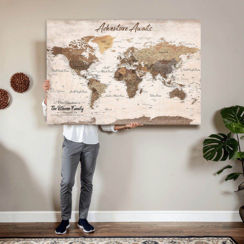 Custom Push Pin World Map Wall Art Canvas Print | Personalized Travel Tracker