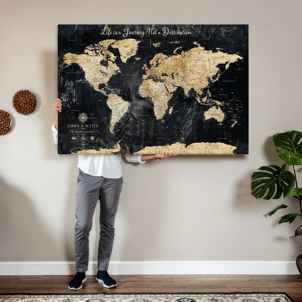 Custom Black Modern Push Pin World Map Wall Art, Next Trip Planner Map, Home Office and Entryway Decor