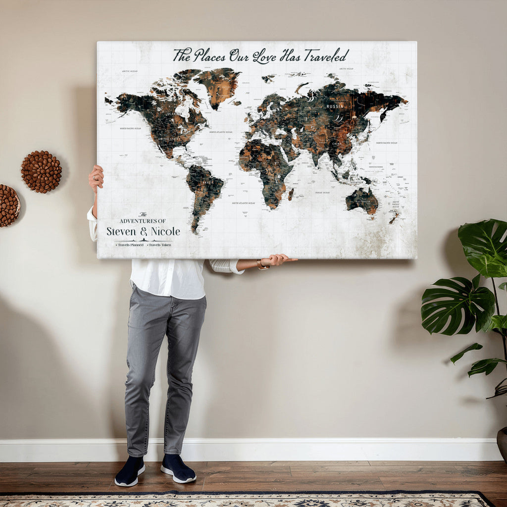 Custom Navy Geometric Push Pin World Map Canvas Print, Bucket List Map, Living Room and Home Office Decor