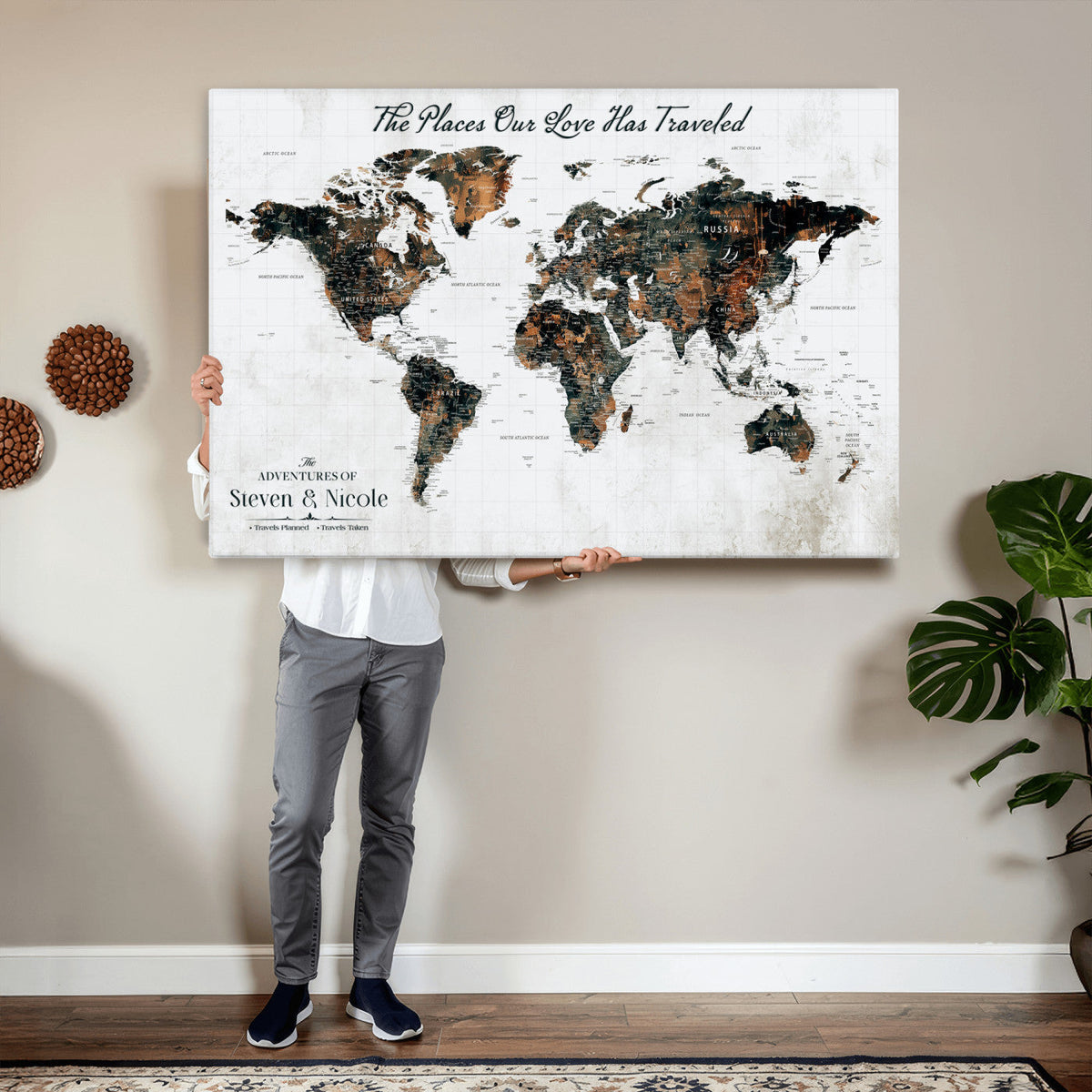 Custom Navy Geometric Push Pin World Map Canvas Print, Bucket List Map, Living Room and Home Office Decor