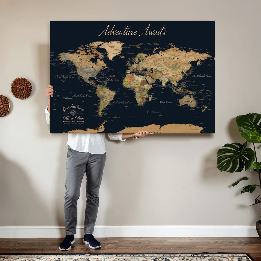 Personalized Navy Geometric World Map Canvas with Push Pins, Honeymoon and Anniversary Gift, Home Office and Hallway Decor