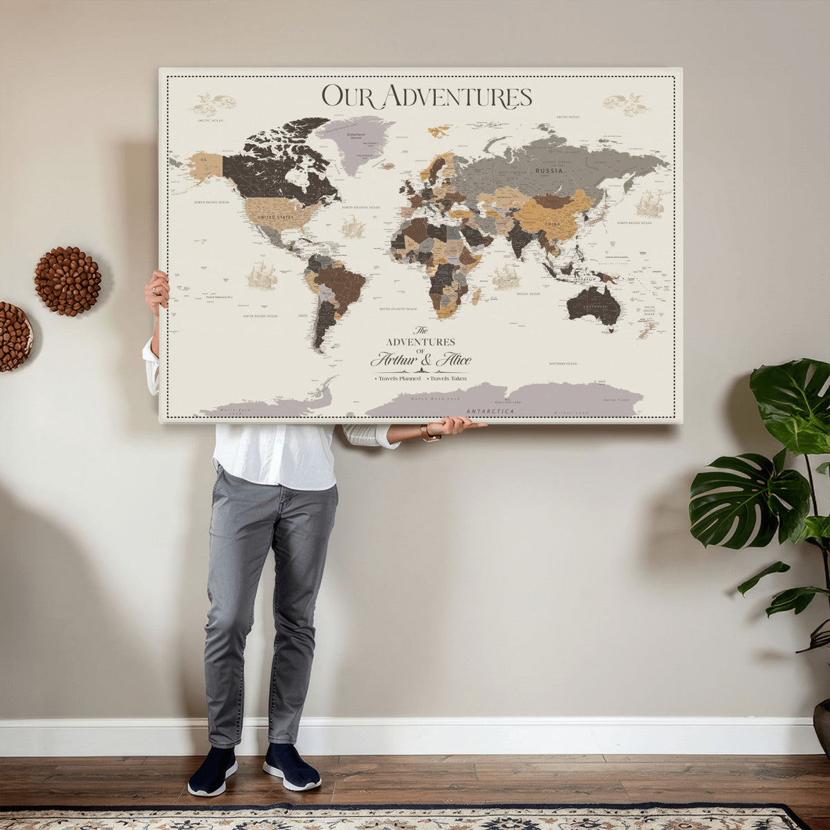 Personalized Travel Tracker Map with Pins, Framed World Map for Home and Office