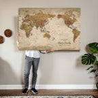 Personalized Framed Navy Modern World Map Canvas with Push Pins, Bucket List Map, Living Room and Entryway Decor