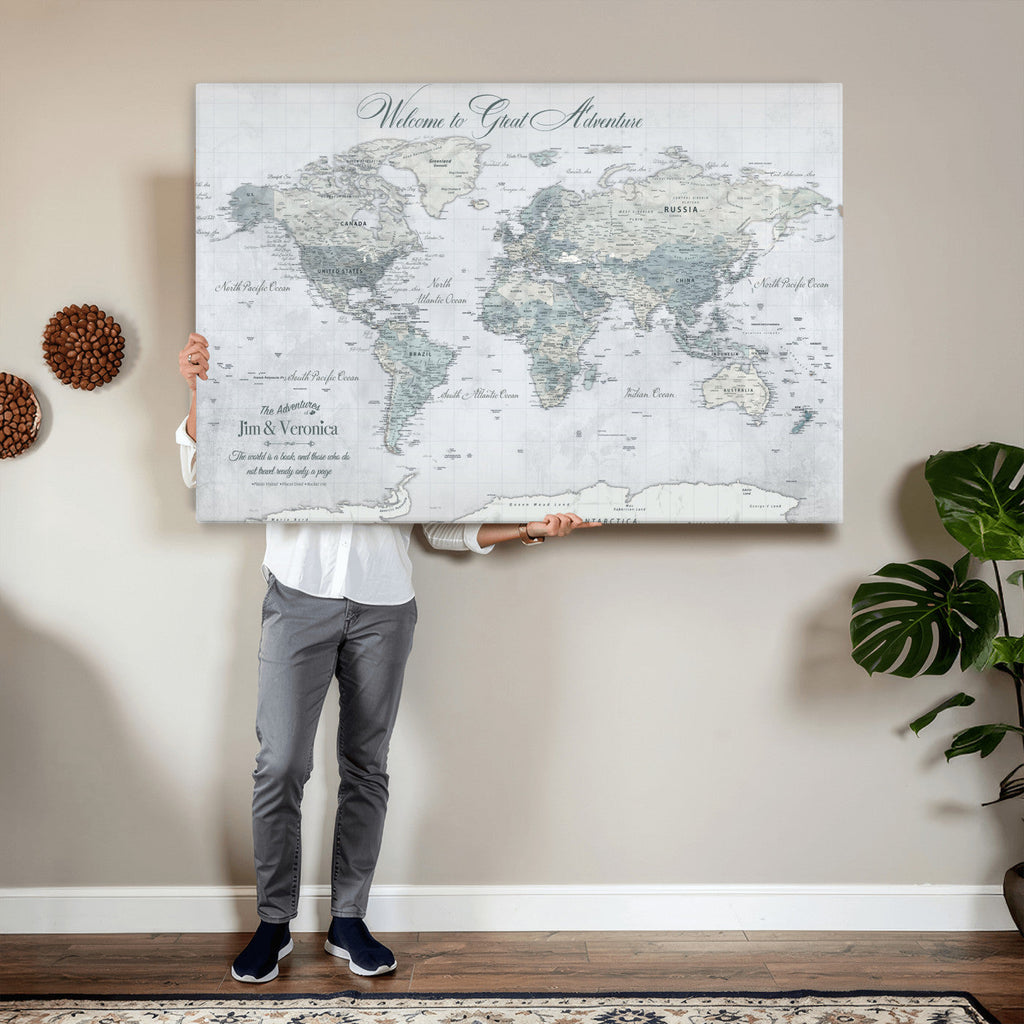 Personalized Beige Antique Push Pin World Map Canvas Print, Family Travel Tracker, Family Room and Entryway Decor