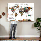 Custom Framed Beige Modern Push Pin World Map Wall Art, Couples Countries Visited Map, Study and Entryway Decor