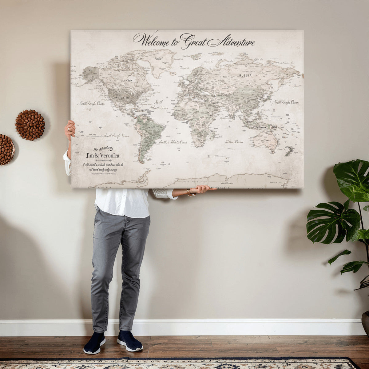 Personalized Beige World Map Canvas with Push Pins, Places Visited Tracker, Family Room and Entryway Decor