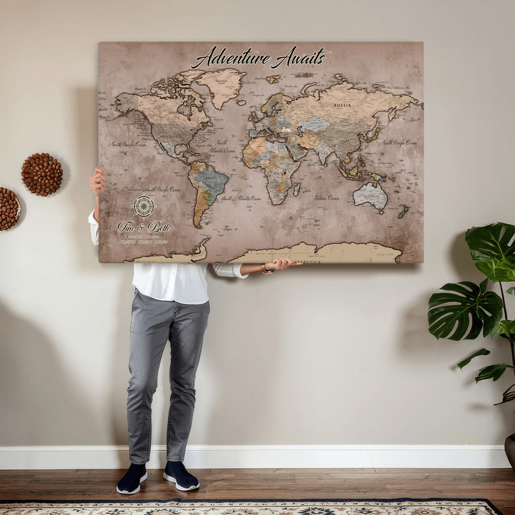Custom Push Pin World Map Wall Art Canvas Print | Personalized Travel Tracker