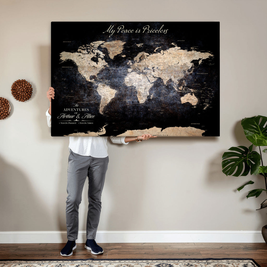Personalized Beige World Map Canvas with Push Pins, Couples Countries Visited Map, Study and Hallway Decor