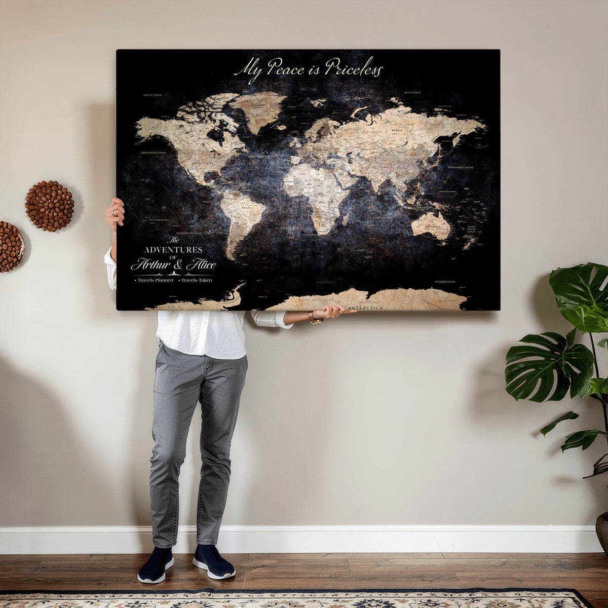 Personalized Beige World Map Canvas with Push Pins, Couples Countries Visited Map, Study and Hallway Decor