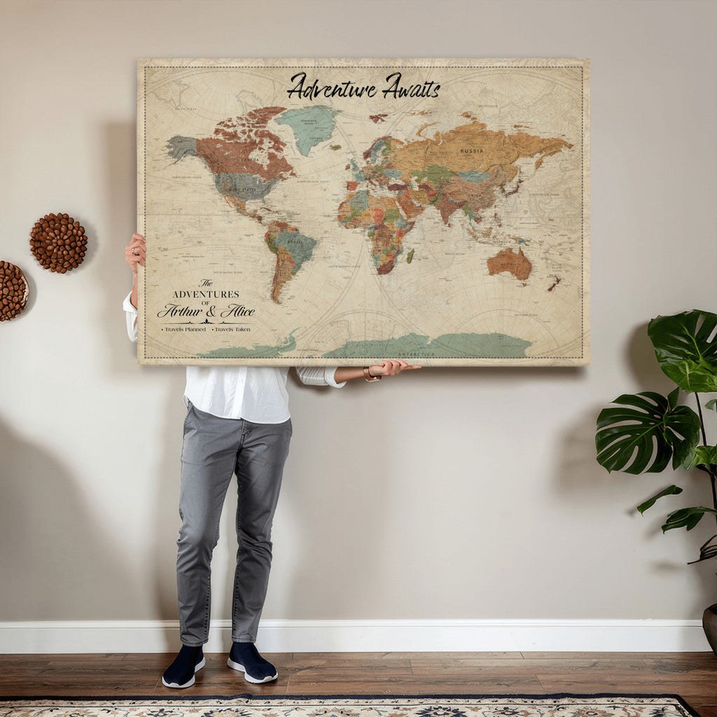 Custom Beige Push Pin World Map Canvas Print, Next Trip Planner Map, Family Room and Study Decor