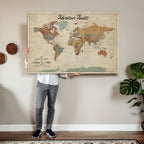 Custom Beige Push Pin World Map Canvas Print, Next Trip Planner Map, Family Room and Study Decor