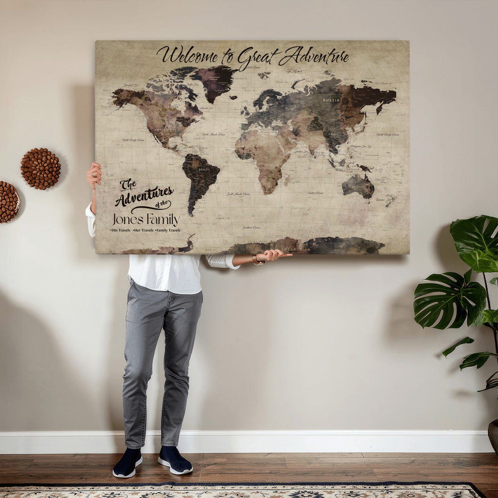 Custom Beige Modern Push Pin World Map Wall Art, Honeymoon and Anniversary Gift, Dining Room and Study Decor