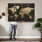 Personalized Framed Beige World Travel Map Wall Art with Pins, Couples Countries Visited Map, Family Room and Dining Room Decor