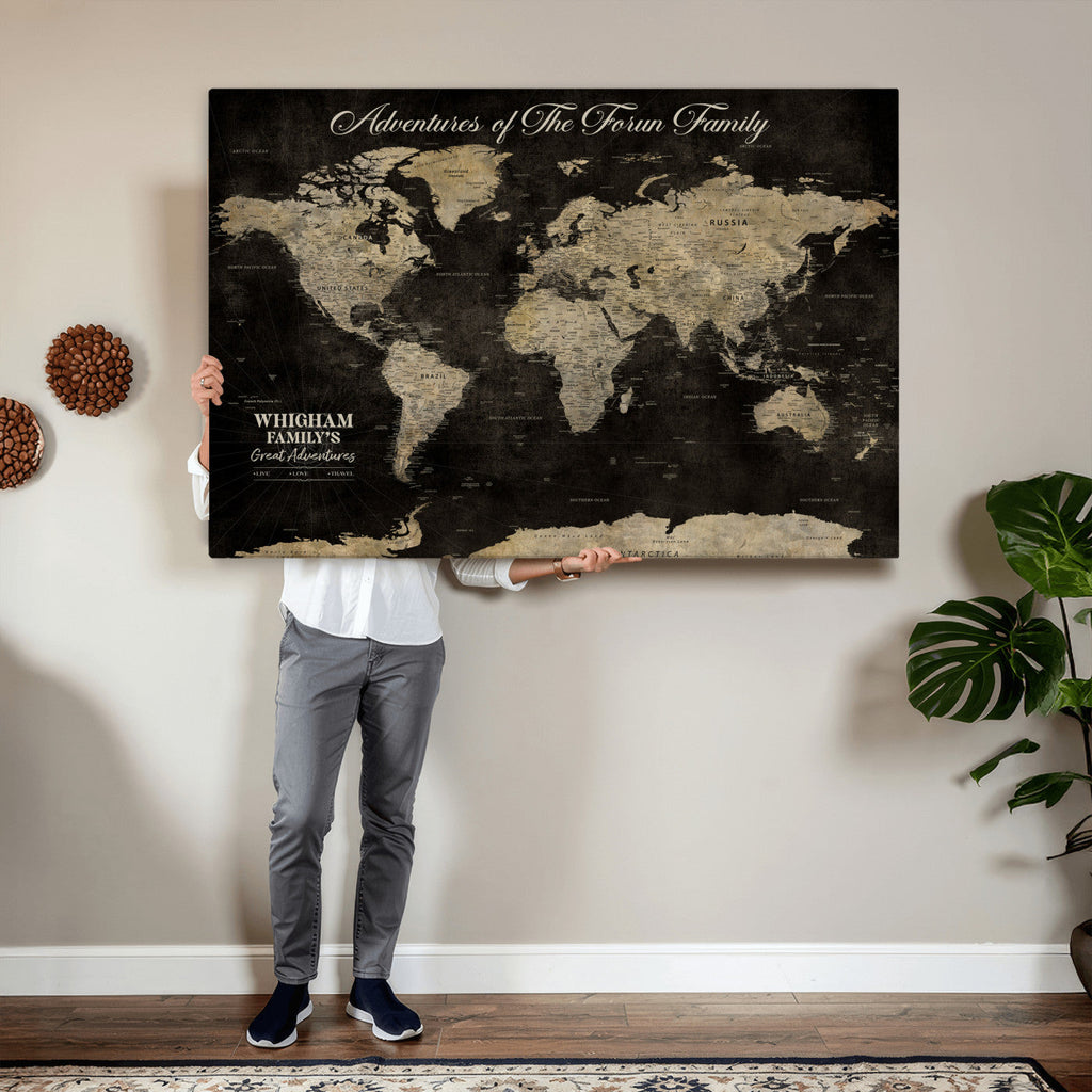 Personalized Framed Black Modern World Map Canvas with Push Pins, Next Trip Planner Map, Dining Room and Home Office Decor