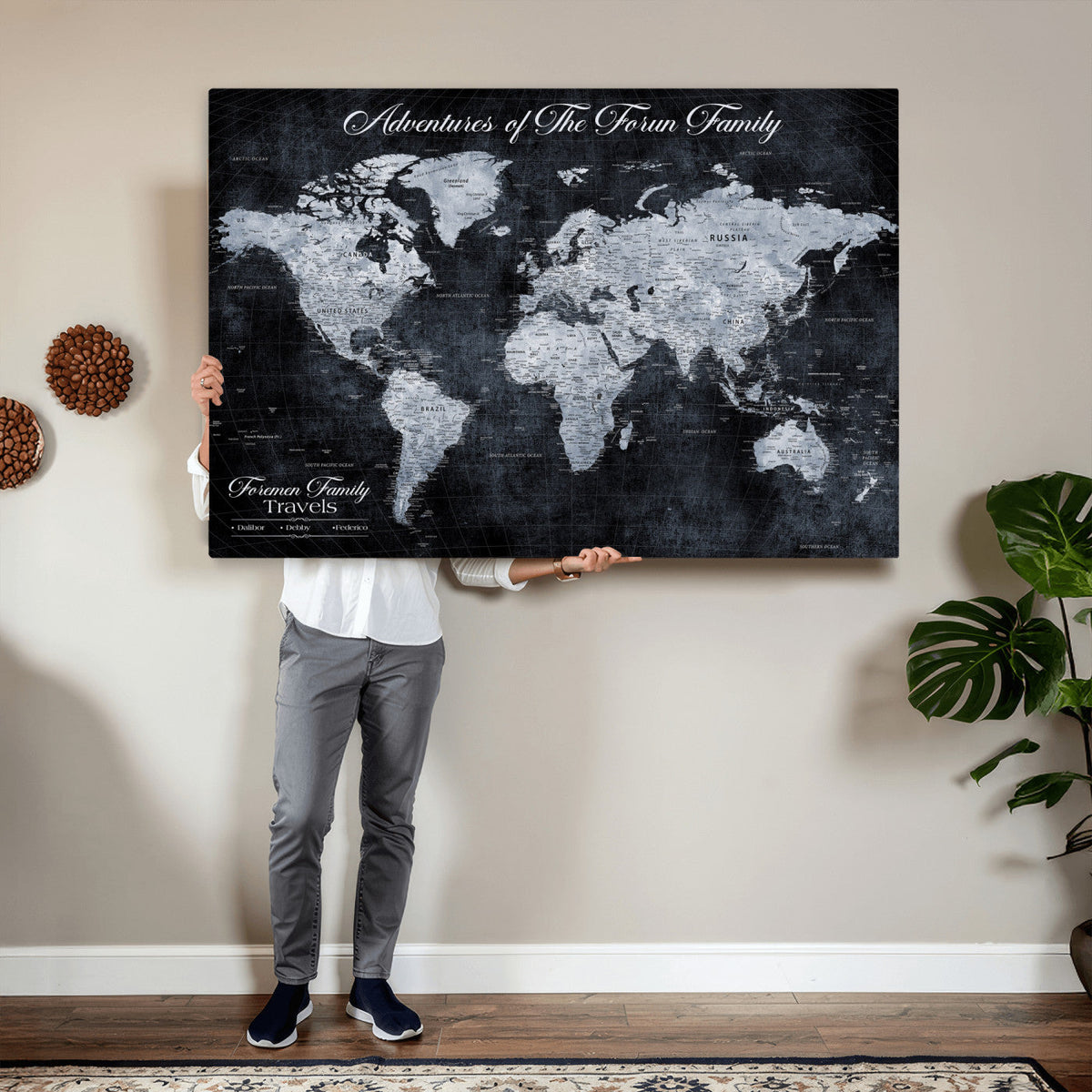 Personalized Framed Beige Modern Push Pin World Map Wall Art, Places Visited Tracker, Family Room and Dining Room Decor