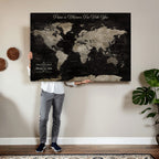 Personalized Framed Black Geometric World Map Canvas with Push Pins, Bucket List Map, Living Room and Dining Room Decor
