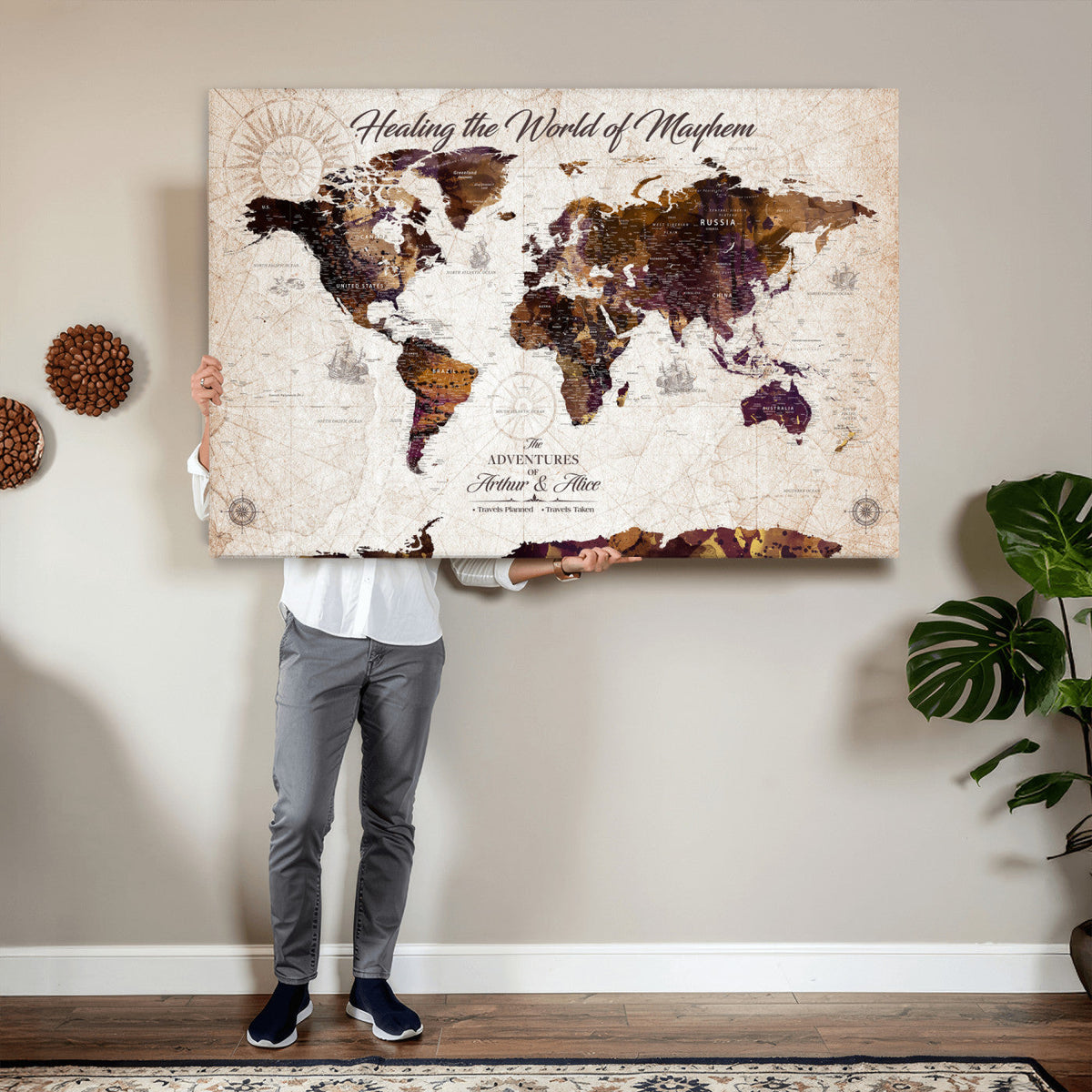 Personalized Framed Navy World Travel Map Wall Art with Pins, Honeymoon and Anniversary Gift, Living Room and Bedroom Decor