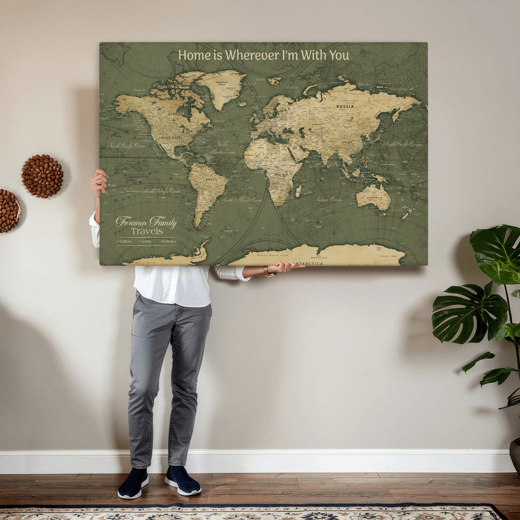 Personalized Framed Beige Geometric Push Pin World Map Canvas Print, Honeymoon and Anniversary Gift, Dining Room and Bedroom Decor